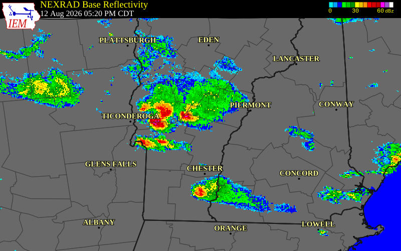 NEXRAD radar during the Wednesday, August 12, 2026 storm activity in Orange County, Vermont