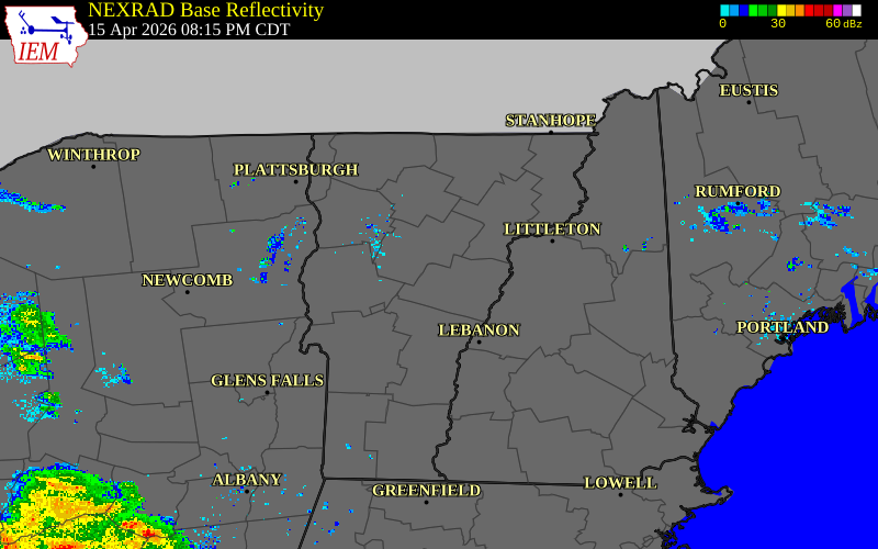 Radar snapshot during the Apr 15, 2026 tornado event near 2 SSE Williamstown, Orange County, Vermont, with NWS warning polygons