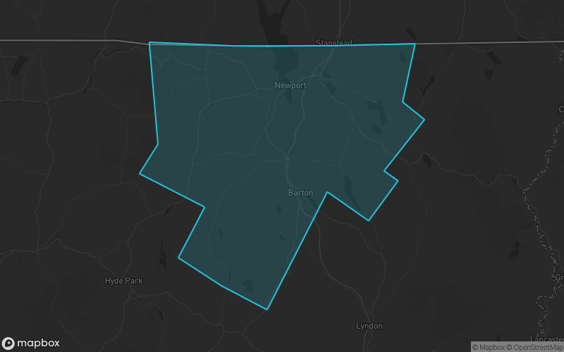 Map of Orleans County, Vermont showing the county boundary and surrounding cities