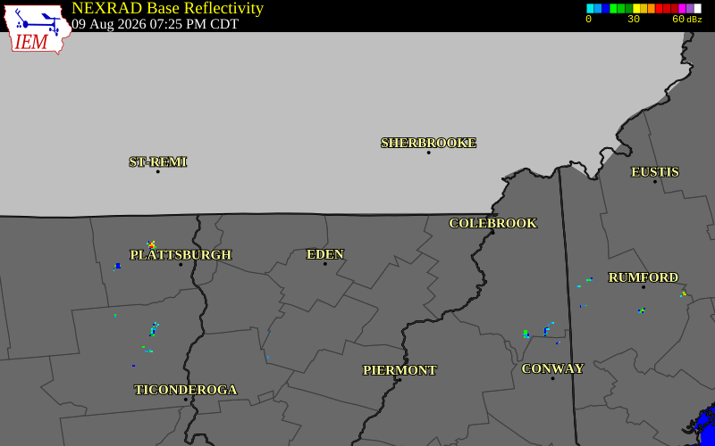 NEXRAD radar during the Sunday, August 9, 2026 storm activity in Orleans County, Vermont