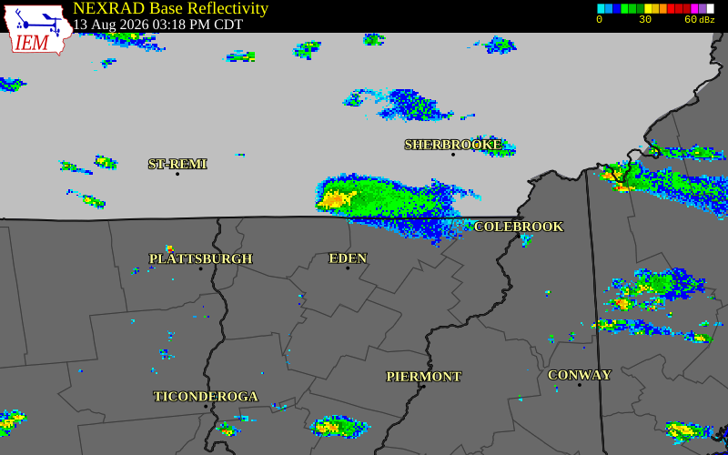 NEXRAD radar during the Thursday, August 13, 2026 storm activity in Orleans County, Vermont