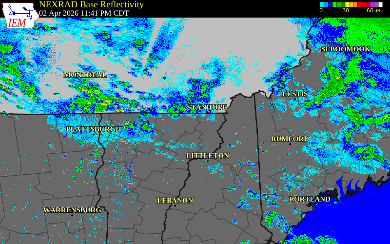 Radar snapshot during the Apr 3, 2026 wind event near Orleans County, Orleans County, Vermont, with NWS warning polygons