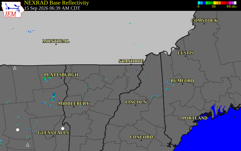 Current NEXRAD radar over Orleans County, Vermont with recent storm report locations