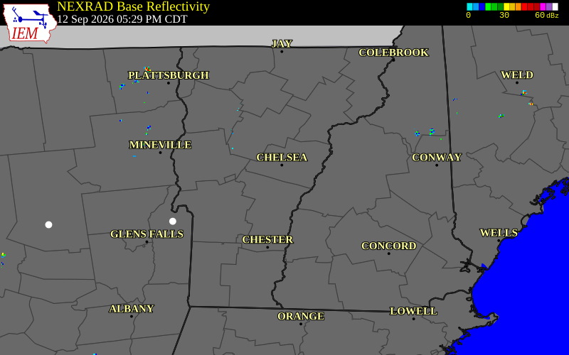 Current NEXRAD radar across Vermont with recent storm report locations