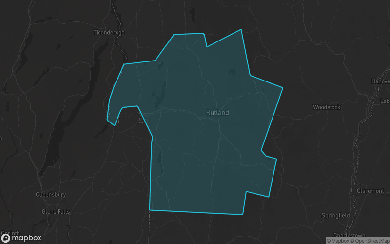 Map of Rutland County, Vermont showing the county boundary and surrounding cities