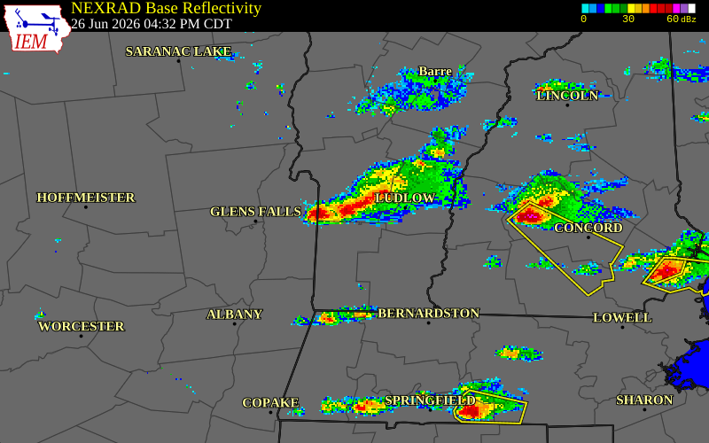 NEXRAD radar during the Friday, June 26, 2026 storm activity in Rutland County, Vermont