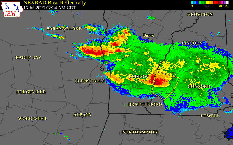 NEXRAD radar during the Wednesday, July 15, 2026 storm activity in Rutland County, Vermont