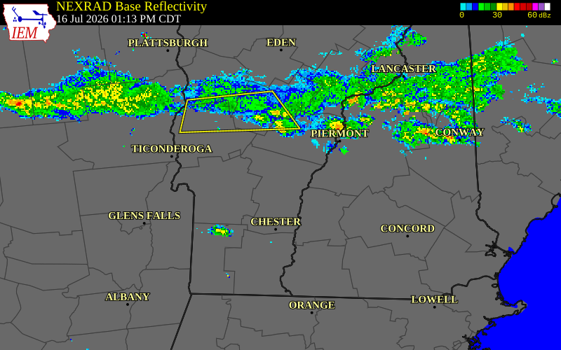 NEXRAD radar during the Thursday, July 16, 2026 storm activity in Rutland County, Vermont