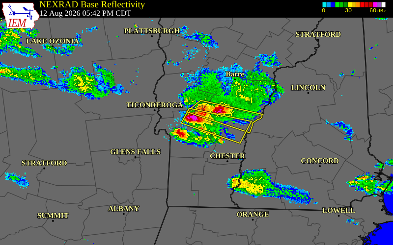 NEXRAD radar during the Wednesday, August 12, 2026 storm activity in Rutland County, Vermont