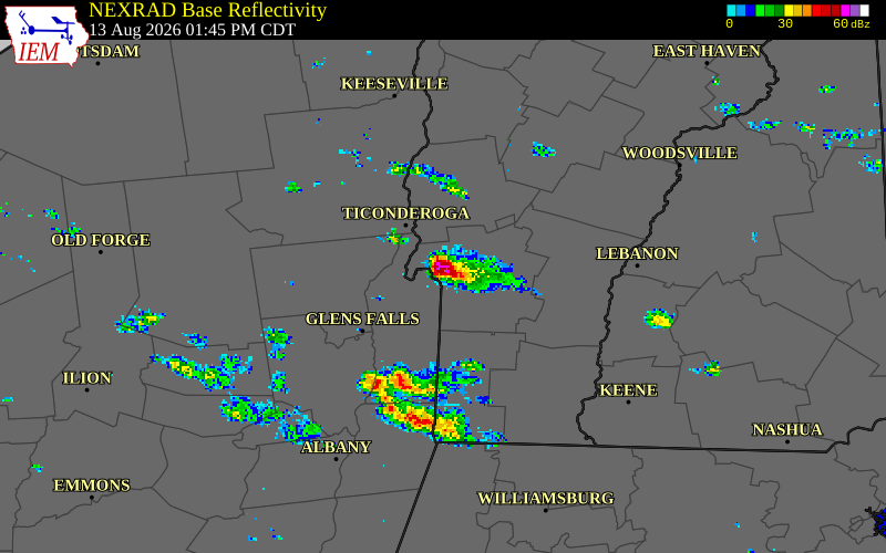 NEXRAD radar during the Thursday, August 13, 2026 storm activity in Rutland County, Vermont