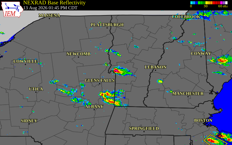 Radar snapshot during the Aug 13, 2026 hail event near 2 E Fair Haven, Rutland County, Vermont, with NWS warning polygons