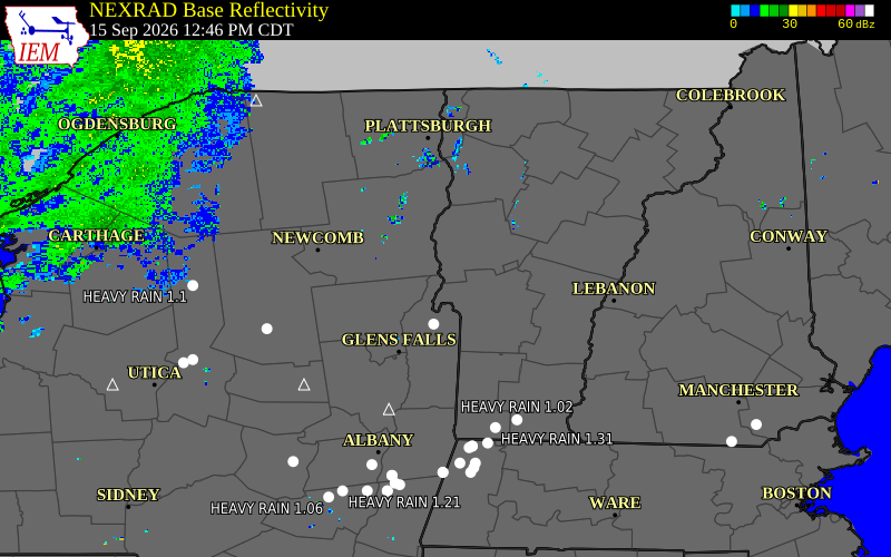 Current NEXRAD radar over Rutland County, Vermont with recent storm report locations