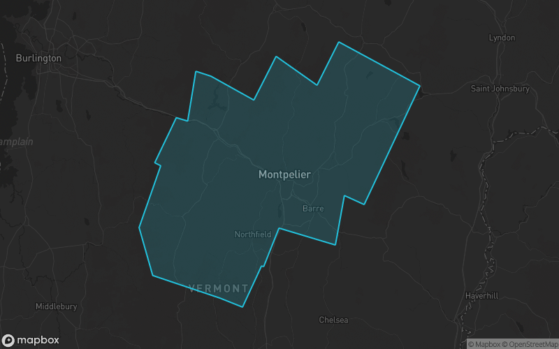 Map of Washington County, Vermont showing the county boundary and surrounding cities