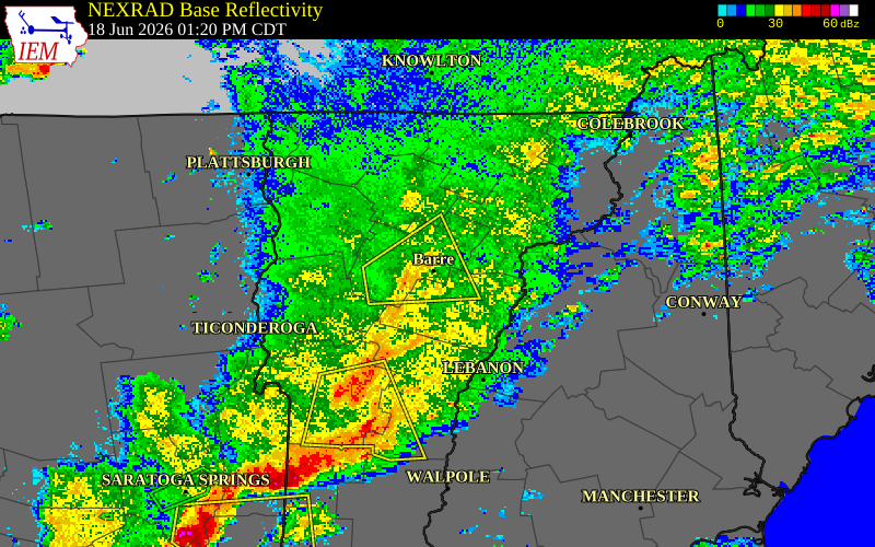 NEXRAD radar during the Thursday, June 18, 2026 storm activity in Washington County, Vermont