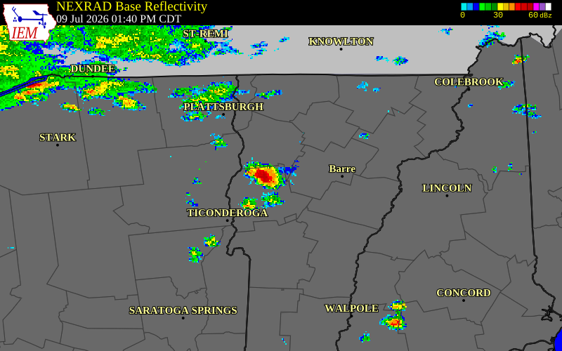 NEXRAD radar during the Thursday, July 9, 2026 storm activity in Washington County, Vermont