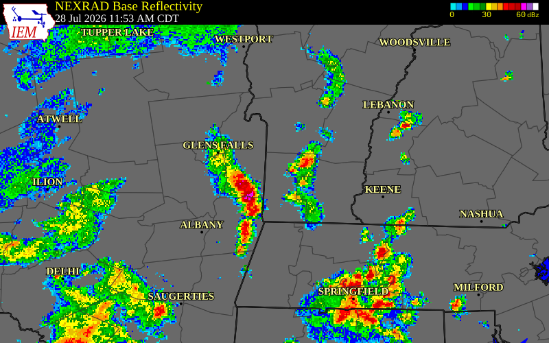 NEXRAD radar during the Tuesday, July 28, 2026 storm activity in Washington County, Vermont