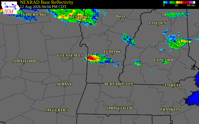 NEXRAD radar during the Wednesday, August 12, 2026 storm activity in Washington County, Vermont