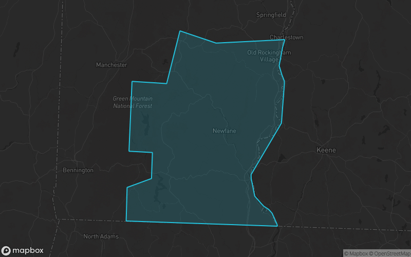 Map of Windham County, Vermont showing the county boundary and surrounding cities