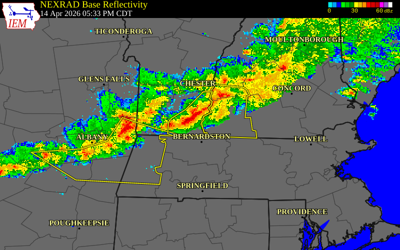 NEXRAD radar during the Tuesday, April 14, 2026 storm activity in Windham County, Vermont