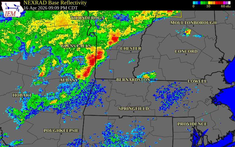 NEXRAD radar during the Thursday, April 16, 2026 storm activity in Windham County, Vermont