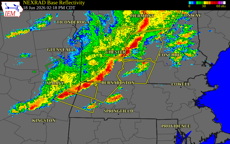NEXRAD radar during the Thursday, June 18, 2026 storm activity in Windham County, Vermont