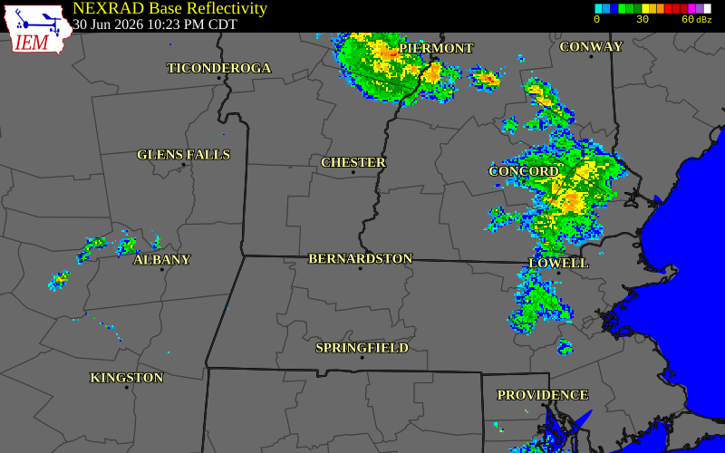 NEXRAD radar during the Tuesday, June 30, 2026 storm activity in Windham County, Vermont