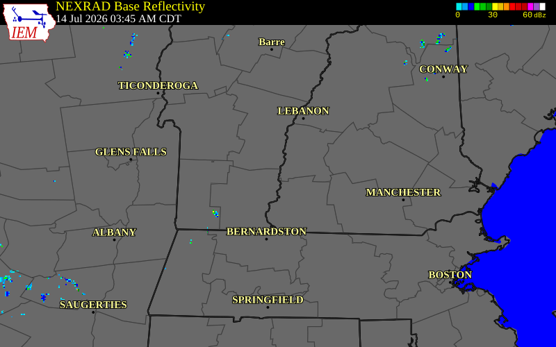 NEXRAD radar during the Tuesday, July 14, 2026 storm activity in Windham County, Vermont