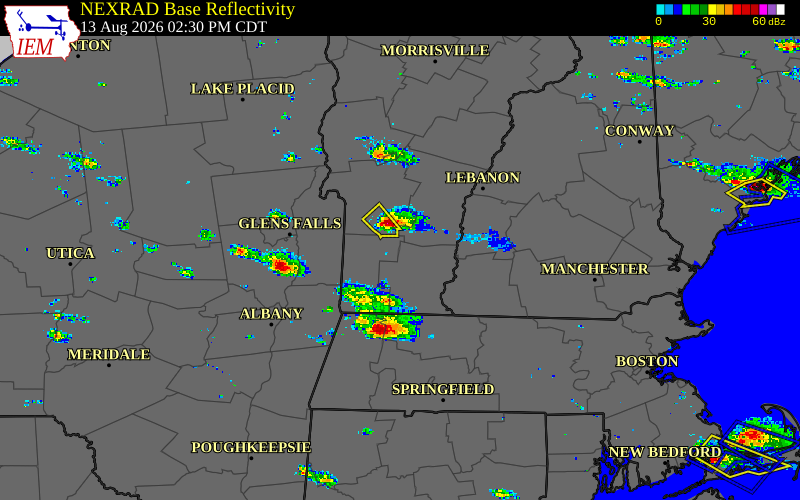 Radar snapshot during the Aug 12, 2026 hail event near Windham County, Windham County, Vermont, with NWS warning polygons