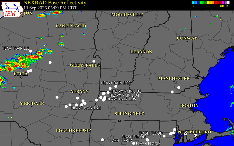 Current NEXRAD radar over Windham County, Vermont with recent storm report locations