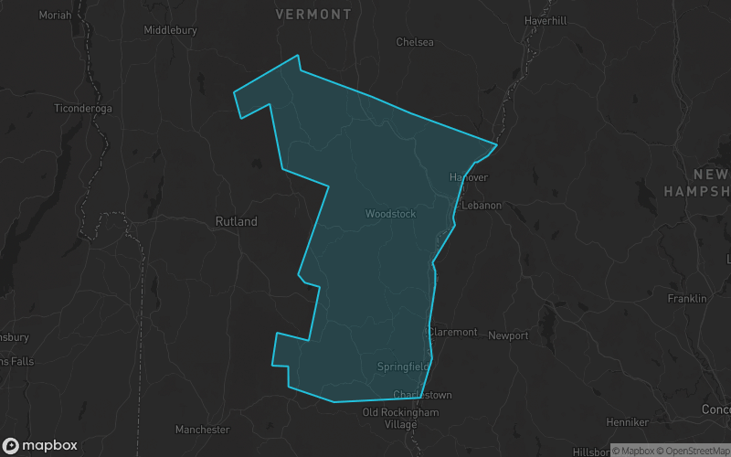 Map of Windsor County, Vermont showing the county boundary and surrounding cities