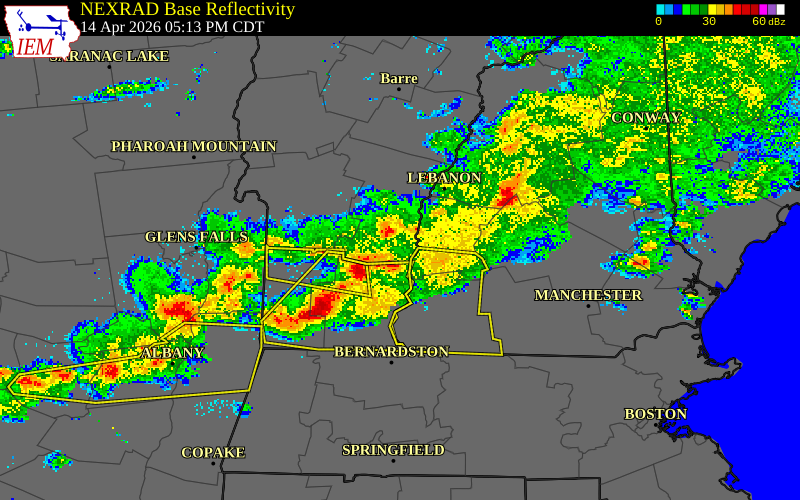 NEXRAD radar during the Tuesday, April 14, 2026 storm activity in Windsor County, Vermont