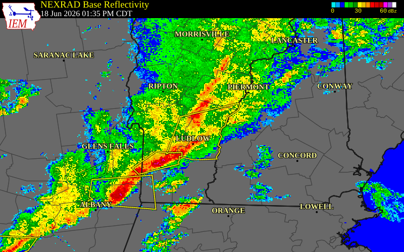 NEXRAD radar during the Thursday, June 18, 2026 storm activity in Windsor County, Vermont