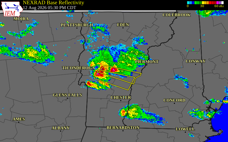 NEXRAD radar during the Wednesday, August 12, 2026 storm activity in Windsor County, Vermont