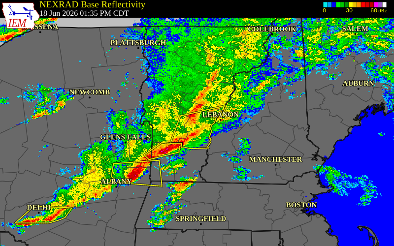 Radar snapshot during the Jun 18, 2026 tornado event near Woodstock, Windsor County, Vermont, with NWS warning polygons