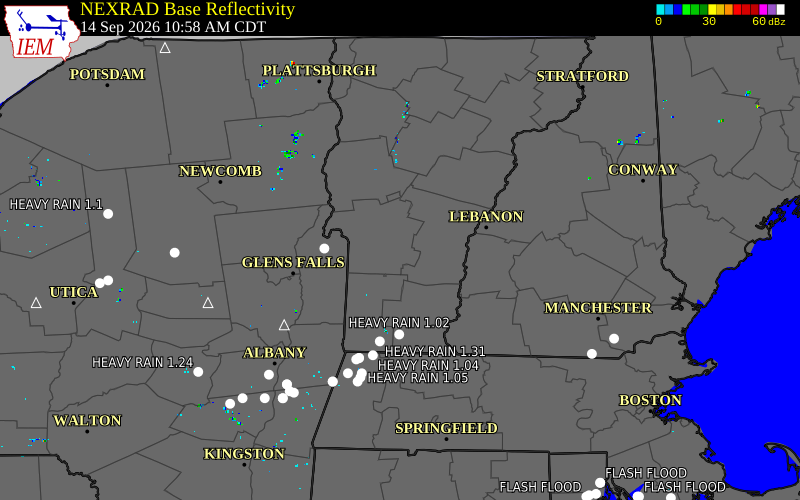 Current NEXRAD radar over Windsor County, Vermont with recent storm report locations