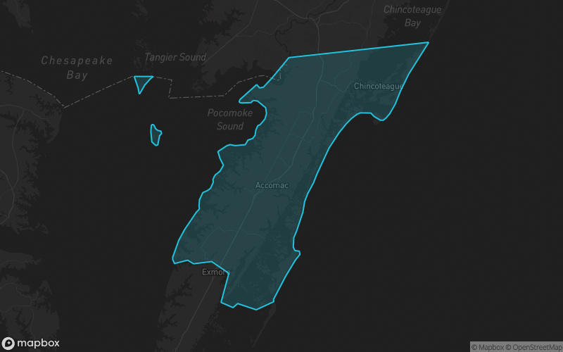 Map of Accomack County, Virginia showing the county boundary and surrounding cities