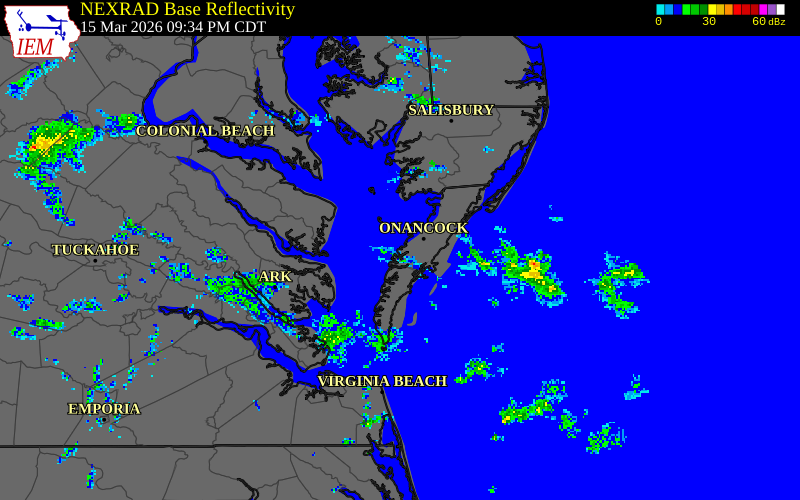 NEXRAD radar during the Sunday, March 15, 2026 storm activity in Accomack County, Virginia