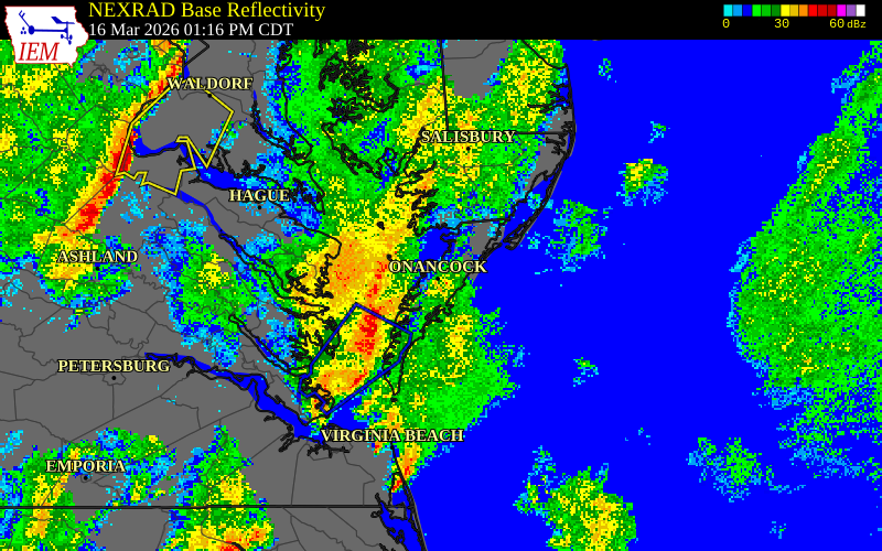 NEXRAD radar during the Monday, March 16, 2026 storm activity in Accomack County, Virginia