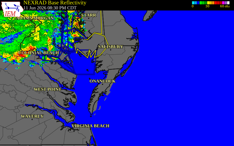 NEXRAD radar during the Thursday, June 11, 2026 storm activity in Accomack County, Virginia