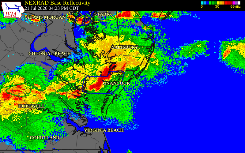 NEXRAD radar during the Tuesday, July 21, 2026 storm activity in Accomack County, Virginia