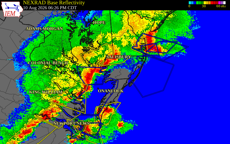 NEXRAD radar during the Monday, August 10, 2026 storm activity in Accomack County, Virginia