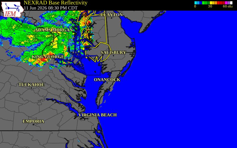 Radar snapshot during the Jun 11, 2026 wind event near 3 S Horntown, Accomack County, Virginia, with NWS warning polygons