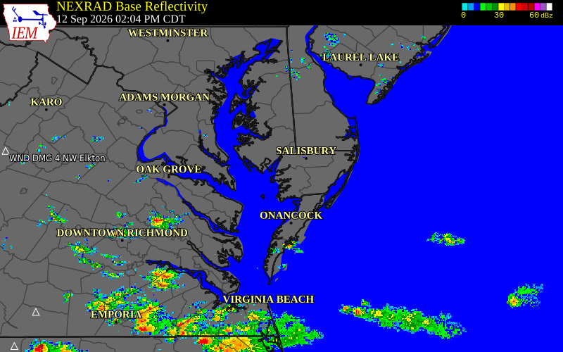 Current NEXRAD radar over Accomack County, Virginia with recent storm report locations