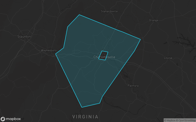 Map of Albemarle County, Virginia showing the county boundary and surrounding cities