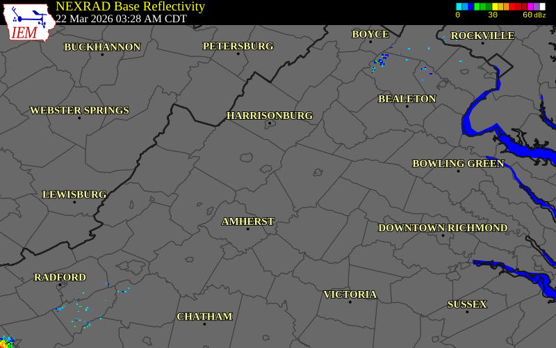 NEXRAD radar during the Sunday, March 22, 2026 storm activity in Albemarle County, Virginia