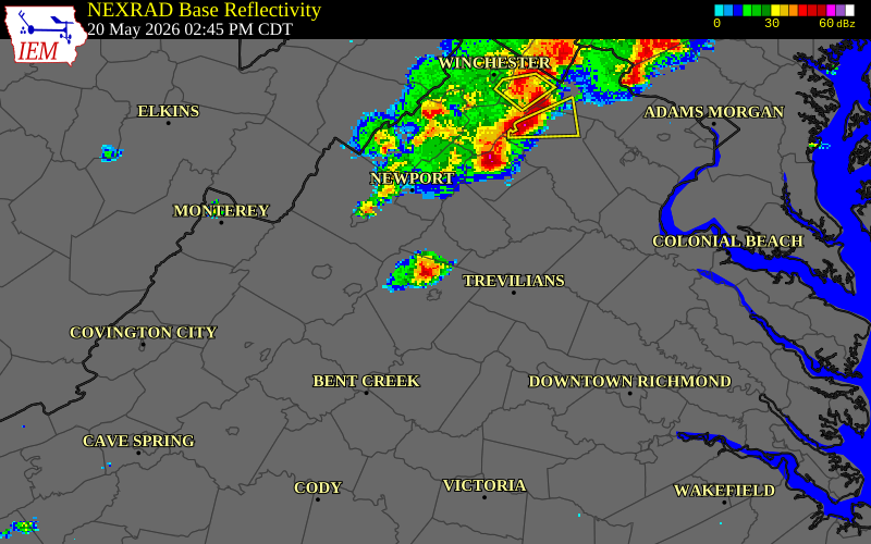 NEXRAD radar during the Wednesday, May 20, 2026 storm activity in Albemarle County, Virginia