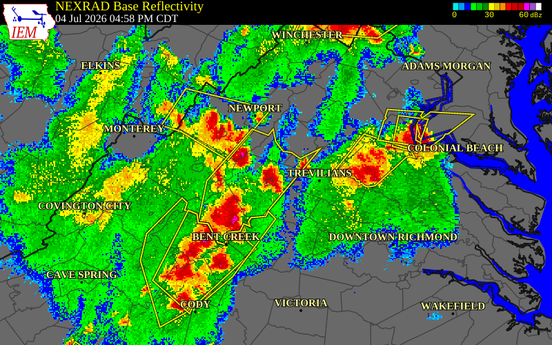 NEXRAD radar during the Saturday, July 4, 2026 storm activity in Albemarle County, Virginia
