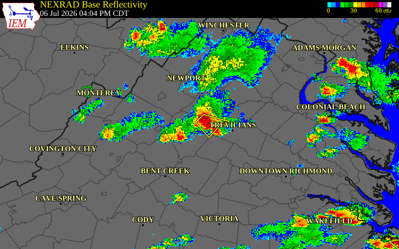 NEXRAD radar during the Monday, July 6, 2026 storm activity in Albemarle County, Virginia
