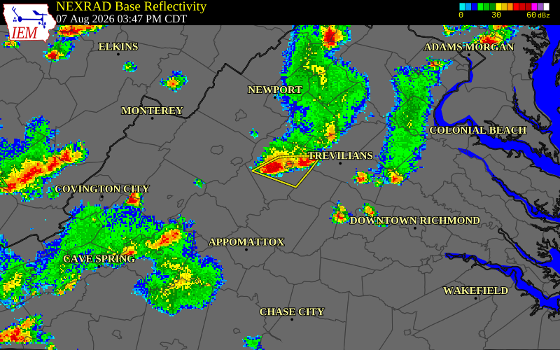 NEXRAD radar during the Friday, August 7, 2026 storm activity in Albemarle County, Virginia