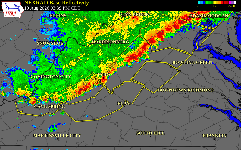 NEXRAD radar during the Monday, August 10, 2026 storm activity in Albemarle County, Virginia
